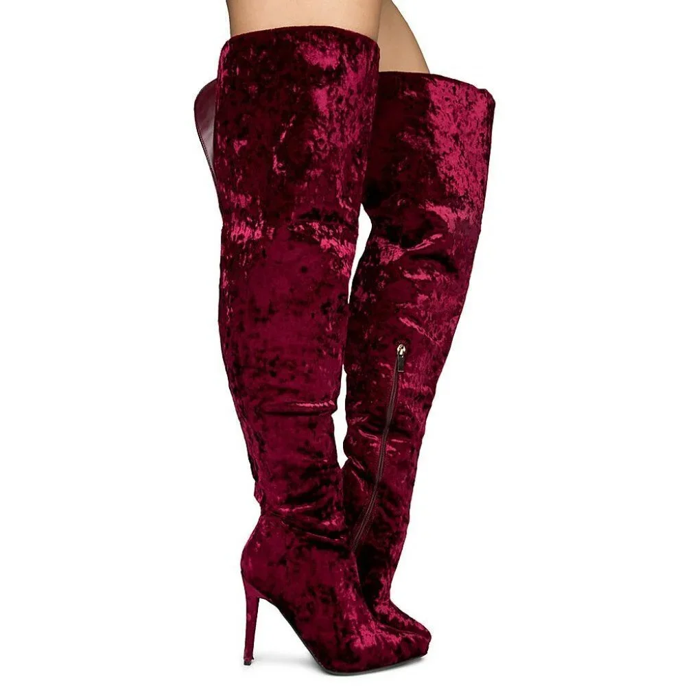 DEDICATE OVER THE KNEE BOOTS / CRUSH VELVET  / BURGUNDY